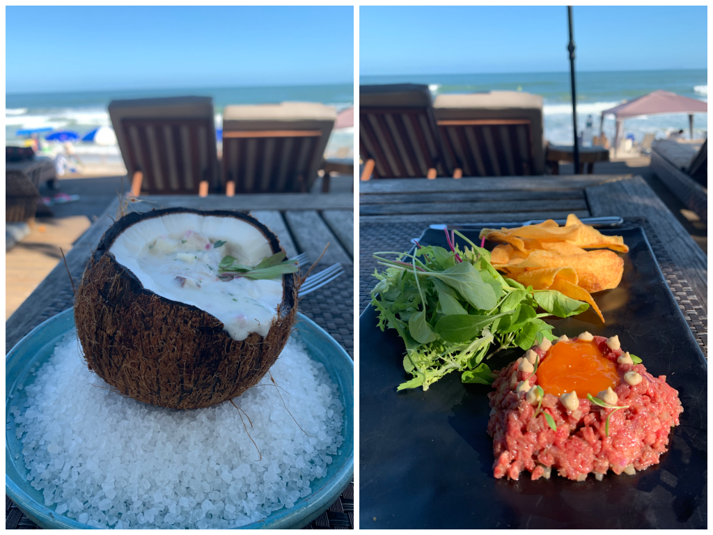 Ceviche de coco e steak tartar do hotel romantico Nau Royal